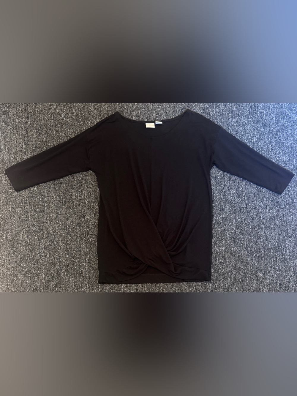 St. Tropez West Black Twist Front Top Sz Small 3/4 Sleeve Blouse Crossover Knit